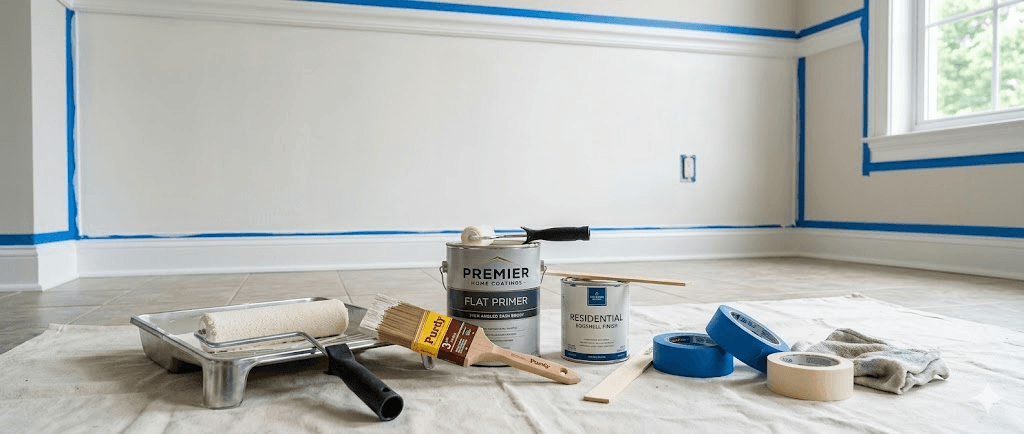 Painting supplies laying in front of a prepped interior wall of a home in Kitchener, Ontario