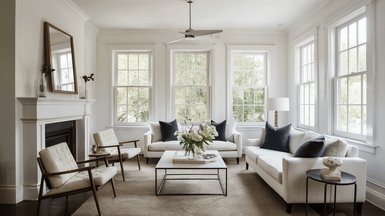 Bright living room with freshly painted white walls and trim in a Kitchener home